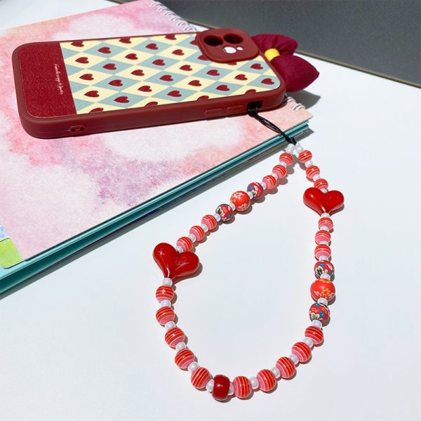 Women Fashion Red Heart Acrylic Handmade Beaded Phone Chain