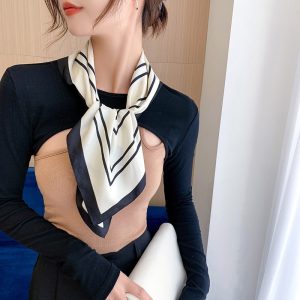 Women Fashion Simple Stripe Printing Silk Square Scarf