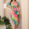 Women Fashion Sexy Tie-Dye Printing Slit Short-Sleeved Plus Size Dress