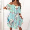 Women Fashion Sexy Floral Printing Ruffled Cool-Shoulder Slip Dress