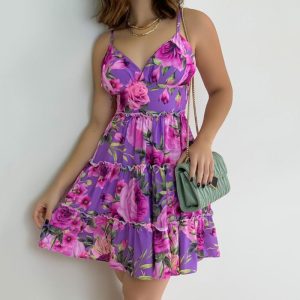 Women Fashion Sexy Floral Printing Ruffled Slip Dress