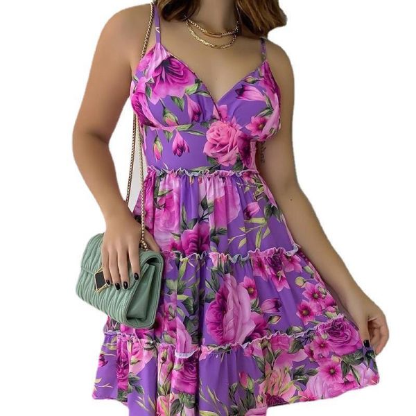 Women Fashion Sexy Floral Printing Ruffled Slip Dress