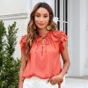 Women Casual Solid Color Loose Ruffled Sleeve V-Neck Lace-Up Blouses