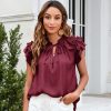 Women Casual Solid Color Loose Ruffled Sleeve V-Neck Lace-Up Blouses