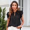 Women Casual Solid Color Loose Ruffled Sleeve V-Neck Lace-Up Blouses