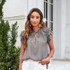 Women Casual Solid Color Loose Ruffled Sleeve V-Neck Lace-Up Blouses