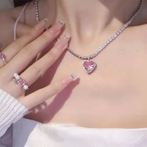 Women Fashion Pink Rhinestone Heart Earrings Necklace Set