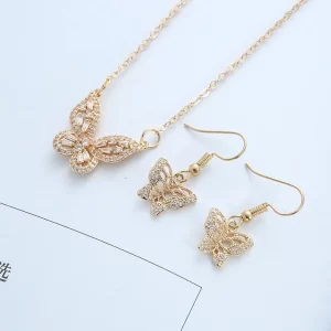 Women Fashion Zircons Hollow Butterfly Earrings Necklace Jewelry Set