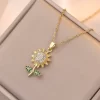 Women Fashion Simple Sunflower Rhinestone Pendant Necklace