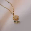 Women Fashion Simple Sunflower Rhinestone Pendant Necklace