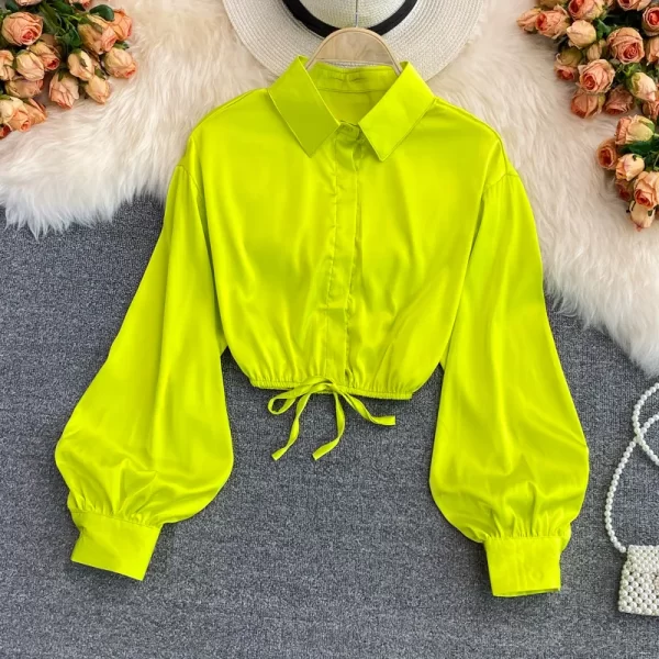 Women Fashion Casual Solid Color Lapel Lace Up Blouse