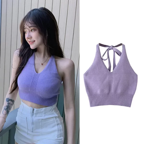 Crop Top Summer Vacation Women Solid Color Knitted Hater