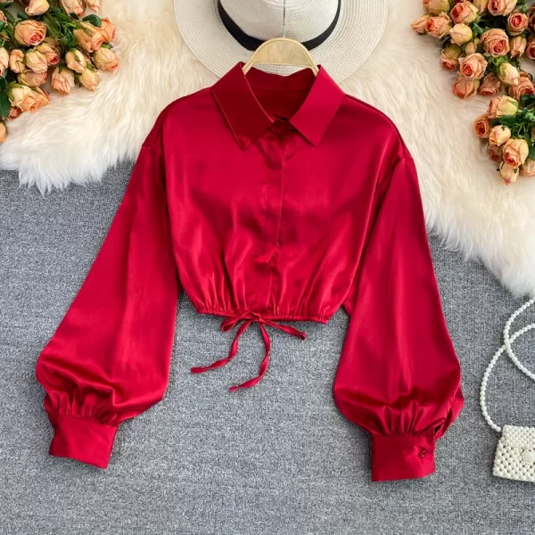 Women Fashion Casual Solid Color Lapel Lace Up Blouse