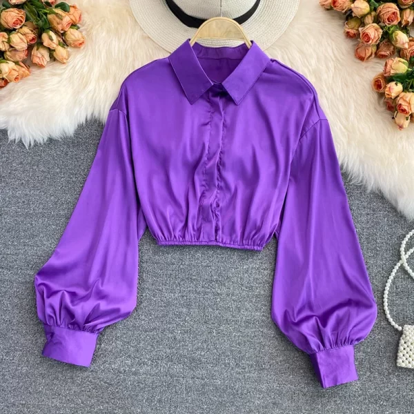 Women Fashion Casual Solid Color Lapel Lace Up Blouse