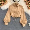 Women Fashion Casual Solid Color Lapel Lace Up Blouse