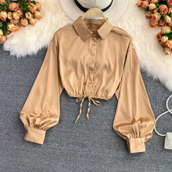 Women Fashion Casual Solid Color Lapel Lace Up Blouse