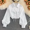 Women Fashion Casual Solid Color Lapel Lace Up Blouse