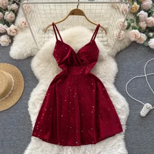 Sweet Women Velvet Sequin Design Strap Mini Party Swing Dress