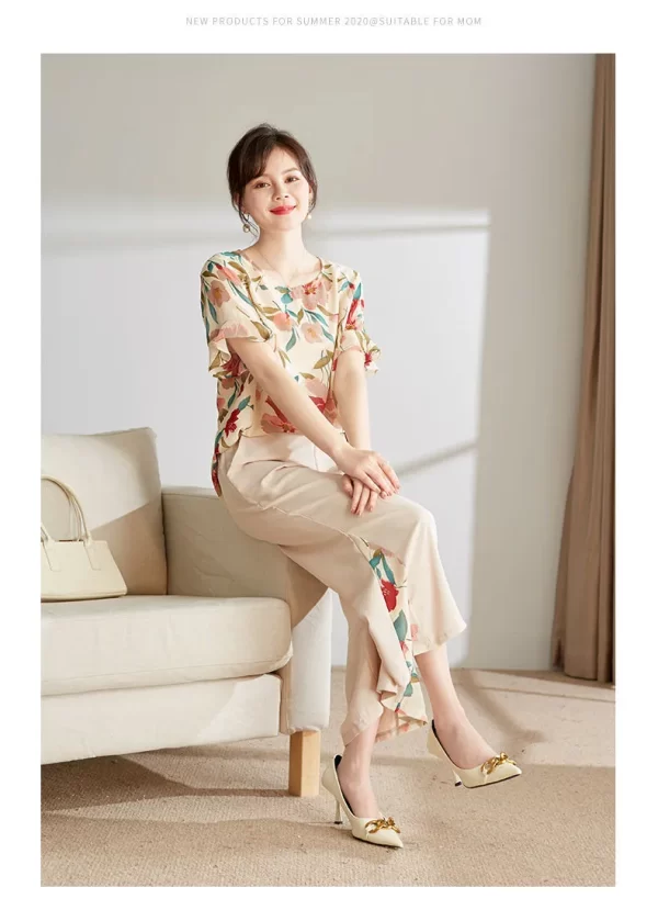 Women Summer Elegant Floral Short Sleeve Blouse And Loose Cropped Pants Office Chic Set