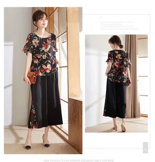 Women Summer Elegant Floral Short Sleeve Blouse And Loose Cropped Pants Office Chic Set