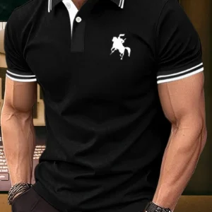 Men'S Executive Black Polo Shirt with Cartoon Horse Emblem