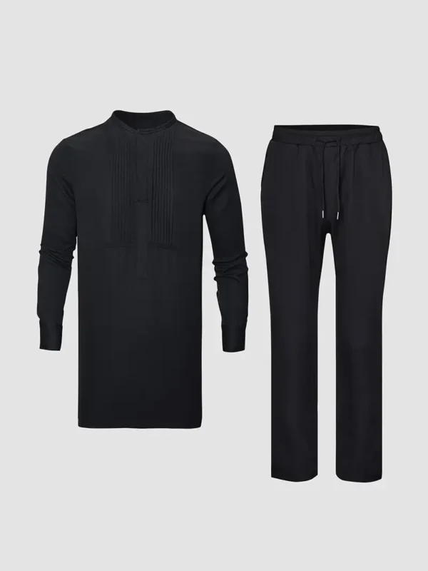 Long Sleeve Top with Chest Pleats, Hidden Buttons, Round Neck - Image 4