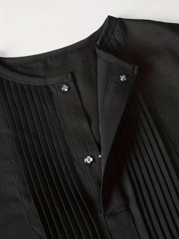 Long Sleeve Top with Chest Pleats, Hidden Buttons, Round Neck - Image 3
