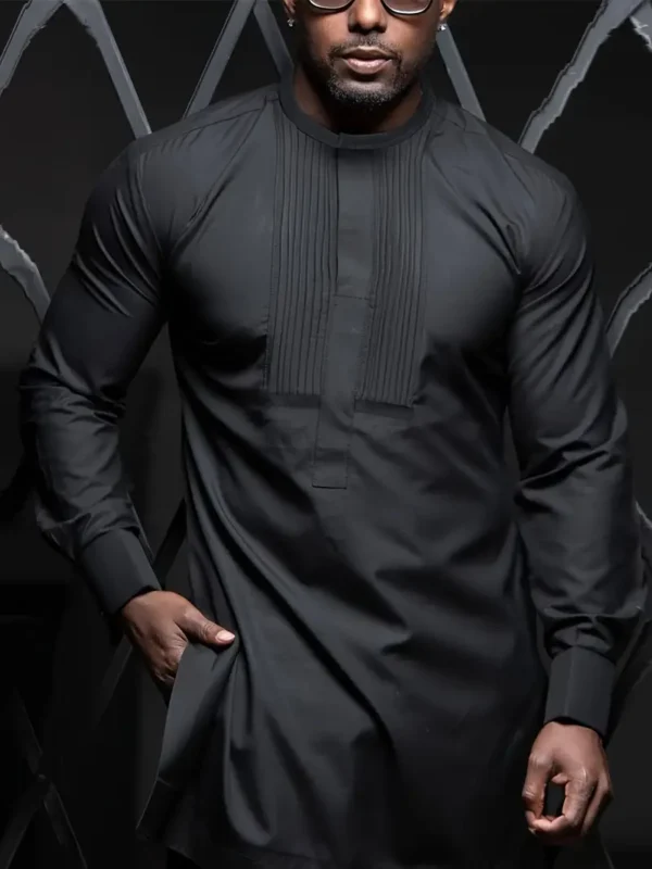 Long Sleeve Top with Chest Pleats, Hidden Buttons, Round Neck