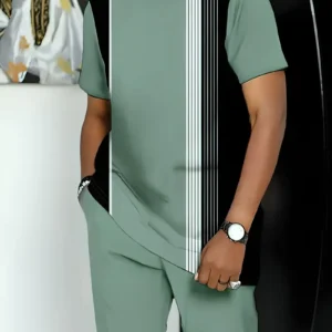 Office Ready| Men'S Chic Green & Black Striped Print Casual Outfit