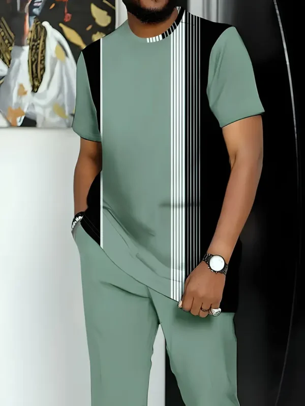 Office Ready| Men'S Chic Green & Black Striped Print Casual Outfit